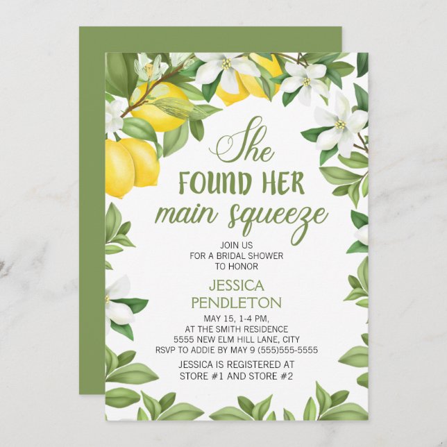 Main Squeeze Lemons Citrus Bridal Shower Invitation (Front/Back)