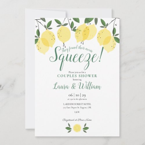 Main Squeeze Lemons Couples Shower Invitation - Featuring lemons greenery, this modern wedding couples shower invitation can be personalized with your special event information and your monogram initials on the reverse. Designed by Thisisnotme©