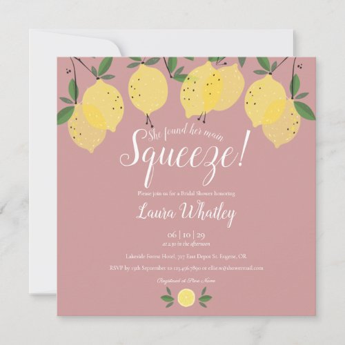 Main Squeeze Lemons Dusty Rose Bridal Shower Invitation