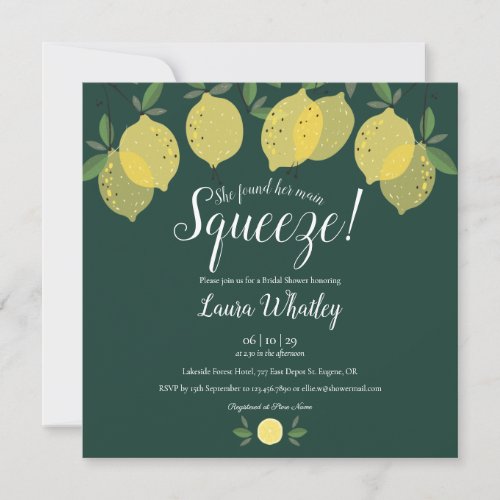 Main Squeeze Lemons Emerald Green Bridal Shower Invitation