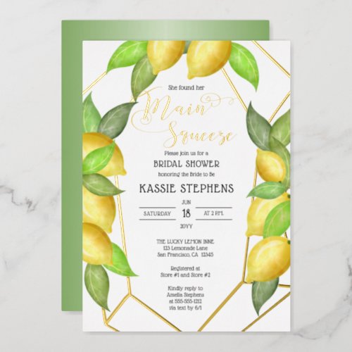 Main Squeeze Lemons Geometric Bridal Shower _Gold  Foil Invitation