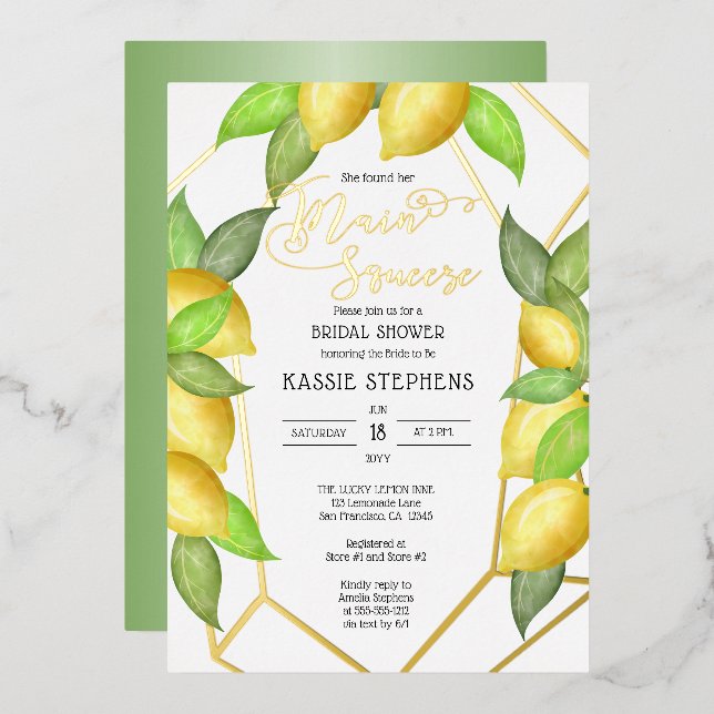 Main Squeeze Lemons Geometric Bridal Shower -Gold  Foil Invitation (Front/Back)