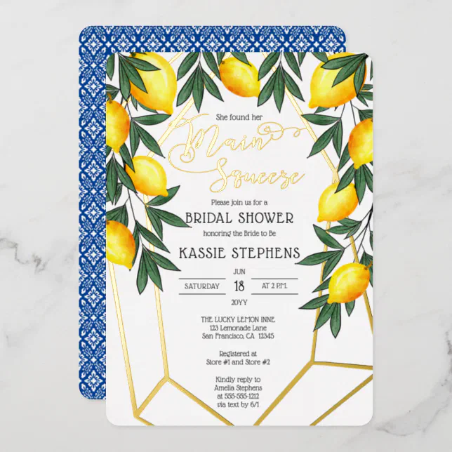 Main Squeeze Lemons Italian Bridal Shower - Gold Foil Invitation | Zazzle