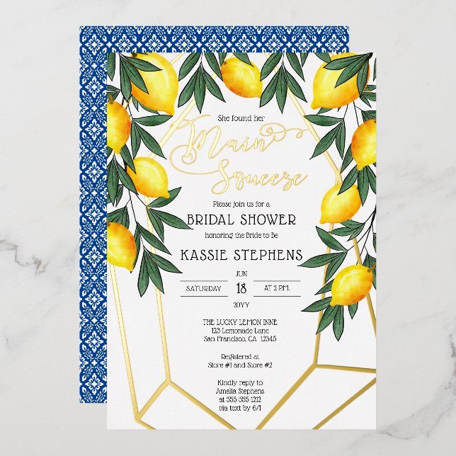 Main Squeeze Lemons Italian Bridal Shower - Gold   Foil Invitation (Front/Back)