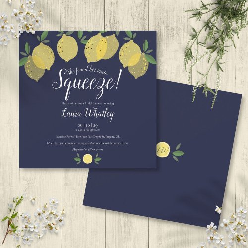 Main Squeeze Lemons Navy Blue Bridal Shower Invitation