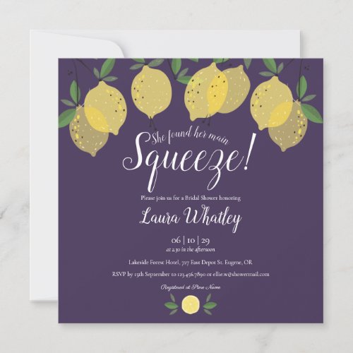 Main Squeeze Lemons Purple Bridal Shower Invitation