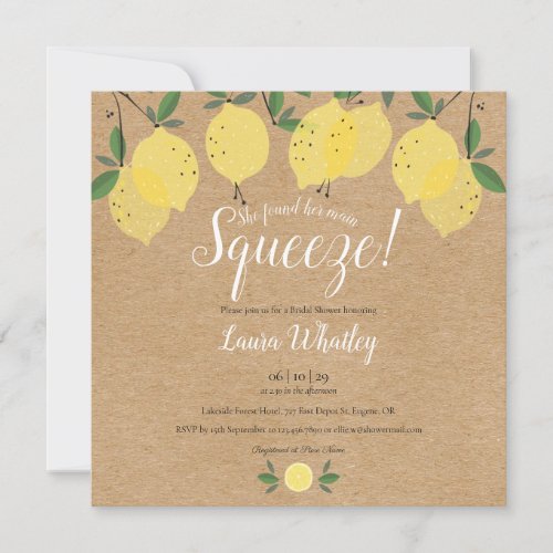 Main Squeeze Lemons Rustic Square Bridal Shower Invitation