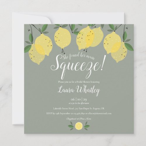 Main Squeeze Lemons Sage Green Bridal Shower Invitation