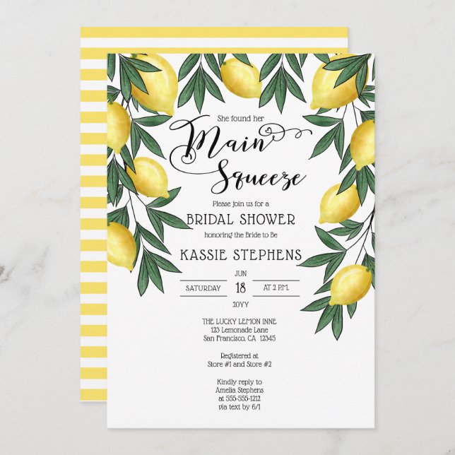 Main Squeeze Lemons Tropical Bridal Shower Invitation (Front/Back)