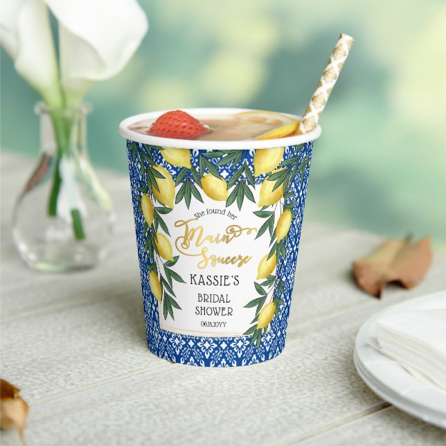 Main Squeeze Lemons Tropical Bridal Shower Paper Cups (Insitu)