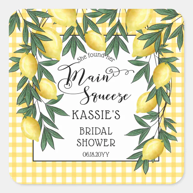 Main Squeeze Lemons Tropical Bridal Shower Square Sticker | Zazzle