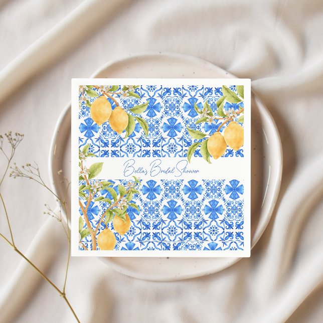Main Squeeze Mediterranean Tiles Lemons Bridal Napkins (Blue Tiles Main Squeeze Lemons Bridal Shower napkins)