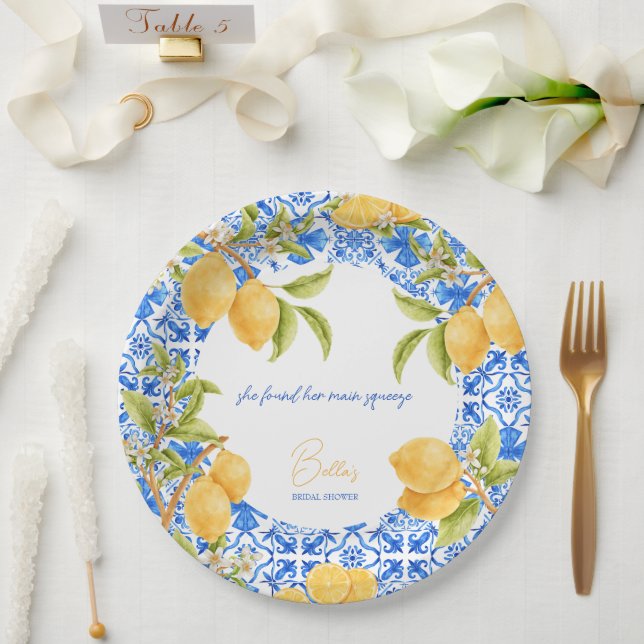 Main Squeeze Mediterranean Tiles Lemons Bridal Paper Plates (Wedding)