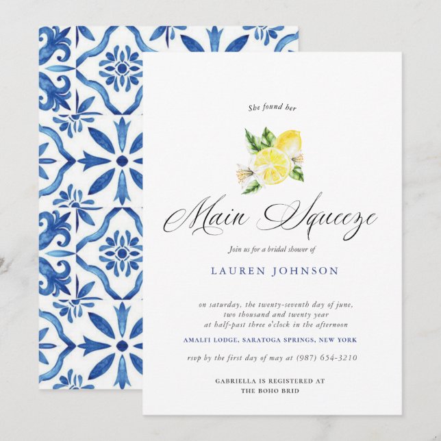 Main Squeeze Modern Watercolor Lemon Bridal Invitation (Front/Back)