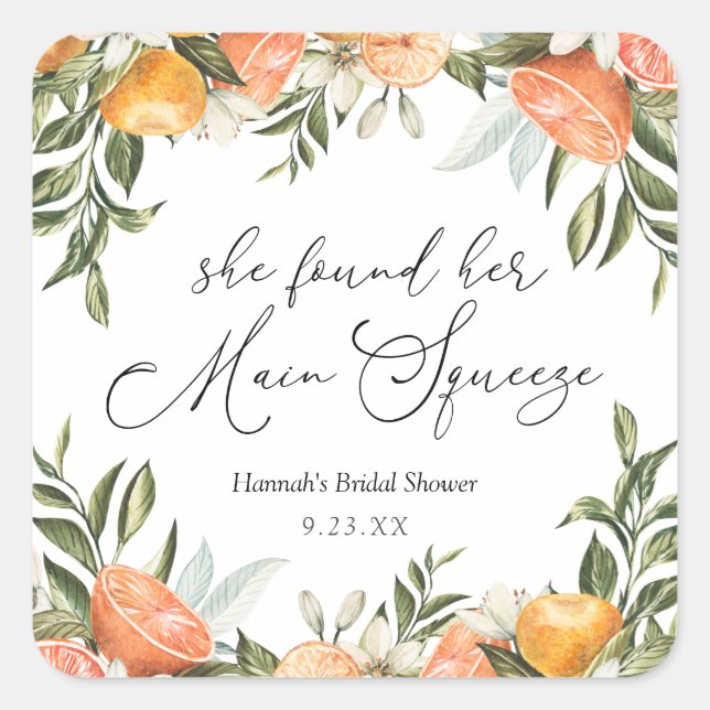 Main Squeeze Orange Bridal Shower Square Sticker (Front)