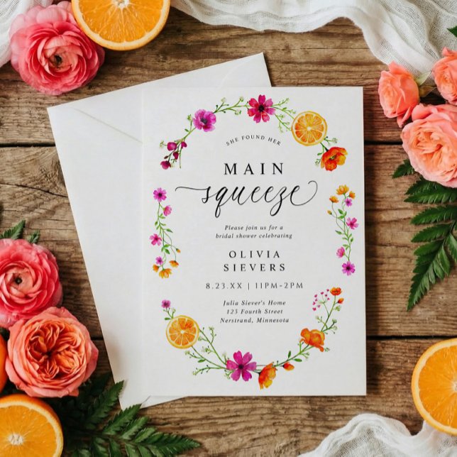 Main Squeeze Pink Orange Citrus Bridal Shower Invitation (Main Squeeze bridal shower invitation with watercolor citrus wreath in pink and orange)