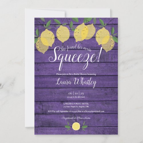 Main Squeeze Purple Wood Lemons Bridal Shower Invitation