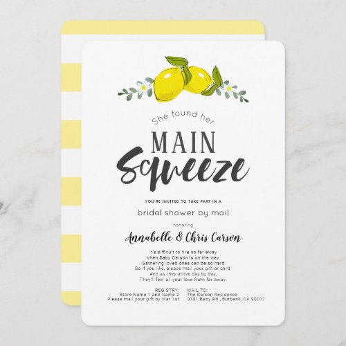 Main Squeeze Simple Lemon Bridal Shower by Mail Invitation