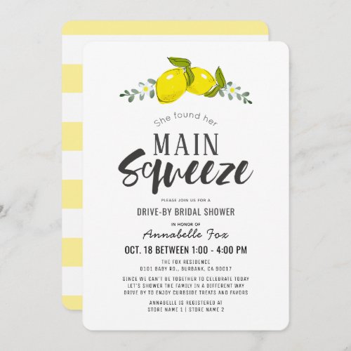 Main Squeeze Simple Lemon Drive_by Bridal Shower Invitation