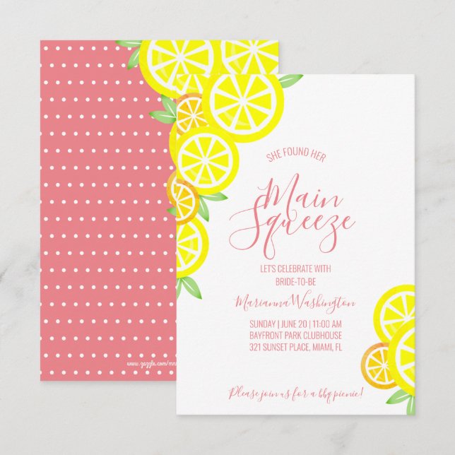 MAIN SQUEEZE summer lemon BRIDAL SHOWER coral pink Invitation (Front/Back)