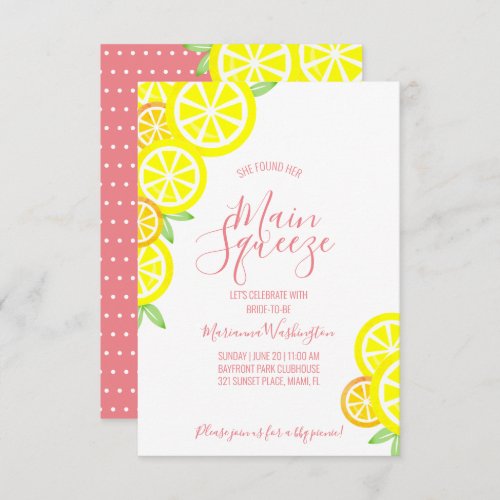 MAIN SQUEEZE summer lemon BRIDAL SHOWER coral pink Invitation