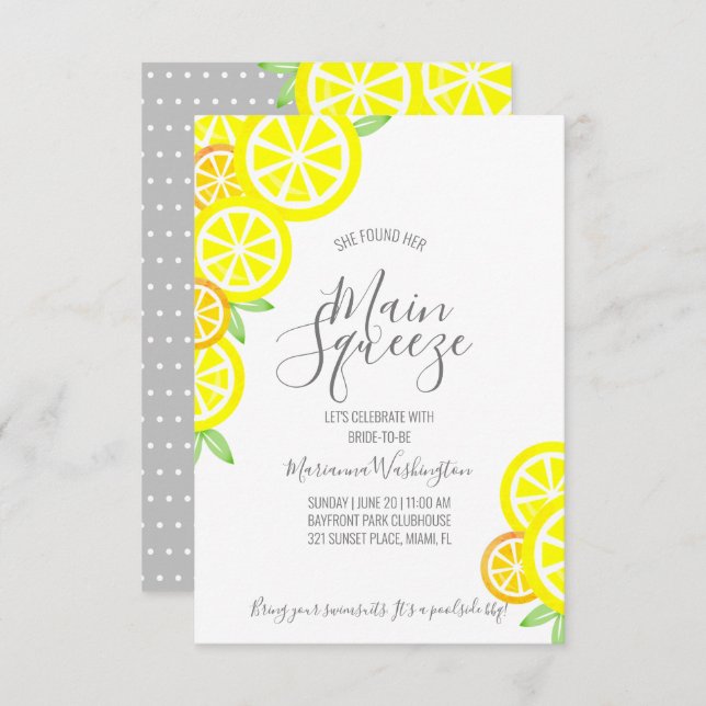 MAIN SQUEEZE summer lemon BRIDAL SHOWER gray Invitation (Front/Back)