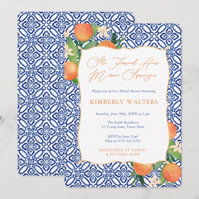 Main Squeeze Sweet Orange Blue White Bridal Shower Invitation (Front/Back)