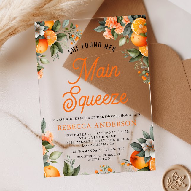Main Squeeze Tangerine Orange Citrus Bridal Shower Acrylic Invitations (Creator Uploaded)