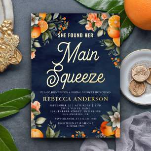 Main Squeeze Tangerine Orange Navy Bridal Shower Foil Invitation