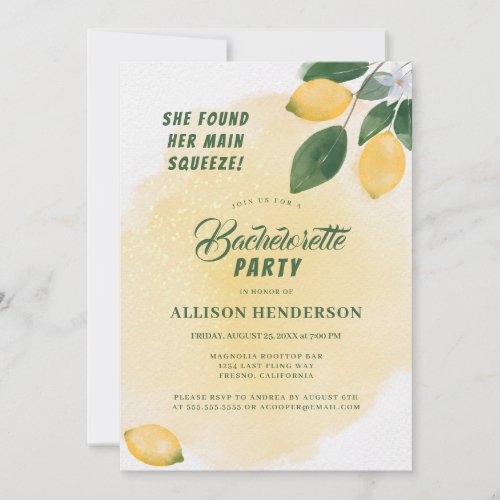 Main Squeeze Watercolor Lemons Bachelorette Party Invitation