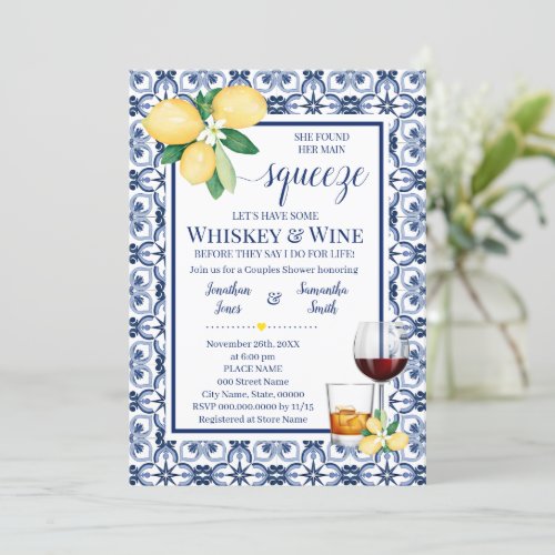 Main Squeeze Whiskey  Wine Mediterranean Shower Invitation