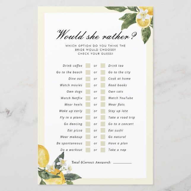 Main Squeeze Would She Rather Bridal Shower Game (Front)