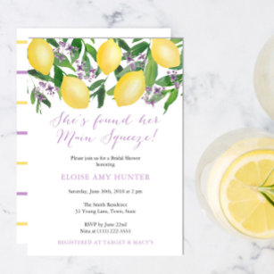 Main Squeeze Yellow Lemons Purple Bridal Shower Invitation
