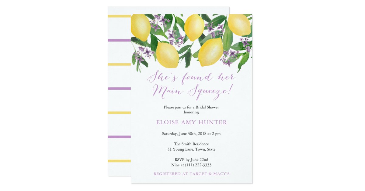 Main Squeeze Yellow Lemons Purple Bridal Shower Invitation | Zazzle.com