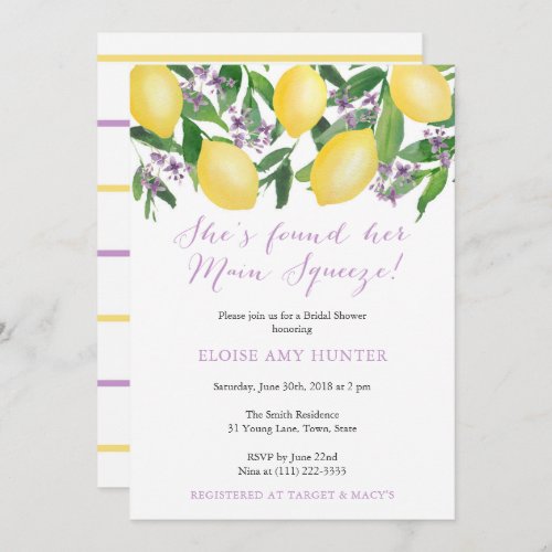 Main Squeeze Yellow Lemons Purple Bridal Shower Invitation - Stylish watercolor lemons-themed "Main Squeeze" shower invitations.
 
If you would like wording other than "She's Found Her Main Squeeze", please send me a message via the email address in my store header banner. To avoid any delay, be sure to reference which invitation you would like a change to (send a link or a screenshot).