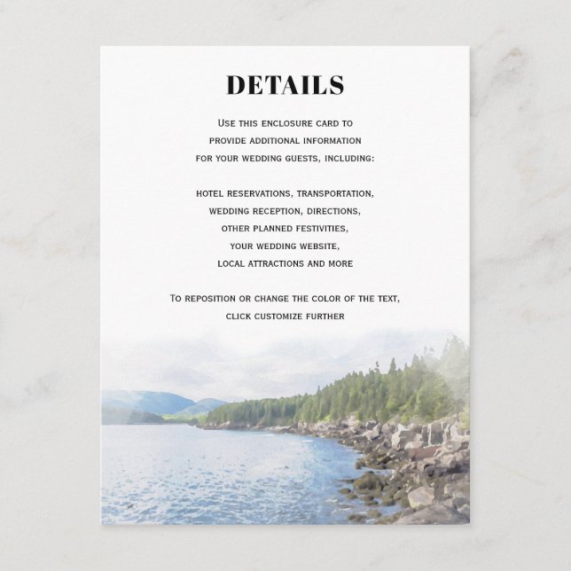 Maine Acadia Coastal Pine Forest Wedding Details Enclosure Card (Front)