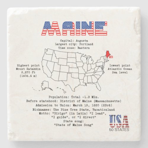 Maine American state on a map and useful info Stone Coaster