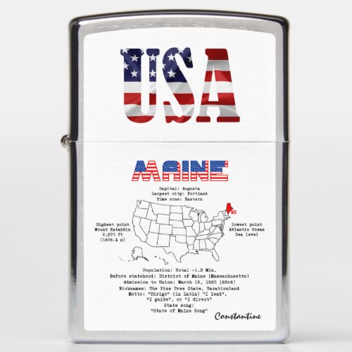 Maine American state on a map and useful info Zippo Lighter