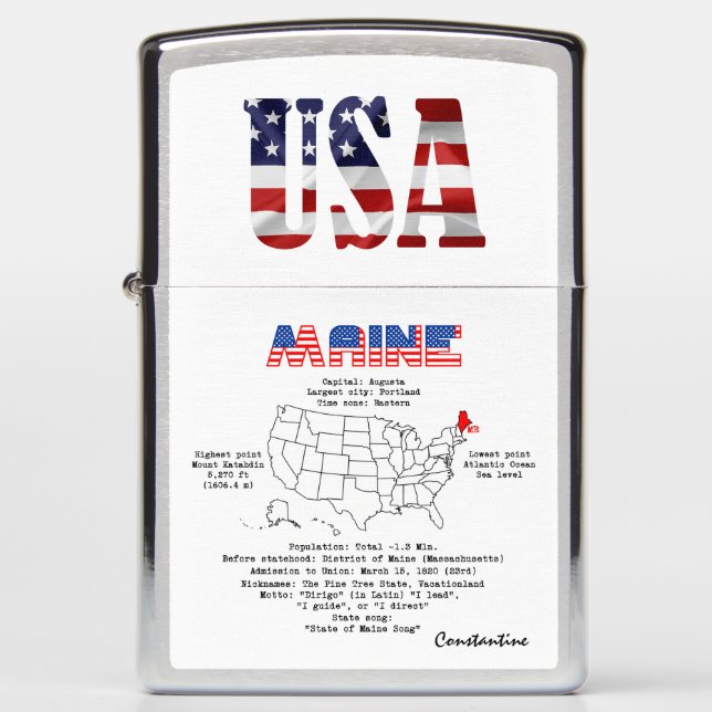 Maine American state on a map and useful info Zippo Lighter (Front)