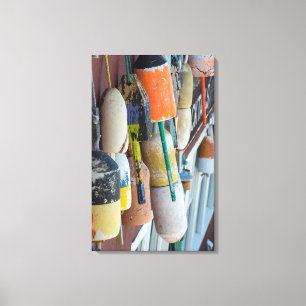 Maine, Bar Harbor. Colorful lobster trap buoys Canvas Print