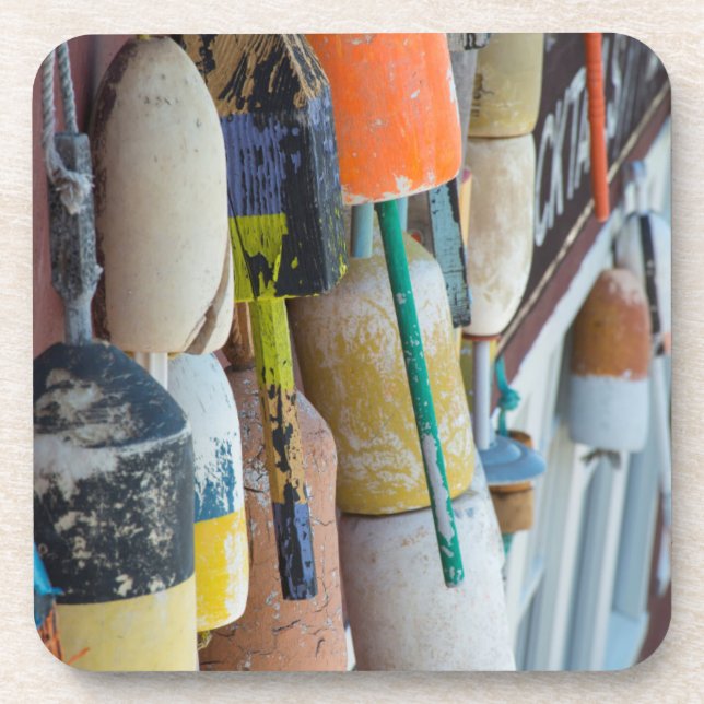 Maine, Bar Harbor. Colorful lobster trap buoys Coaster (Front)