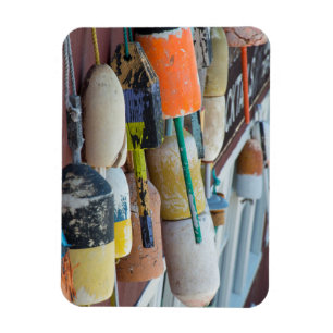 Maine, Bar Harbor. Colorful lobster trap buoys Magnet