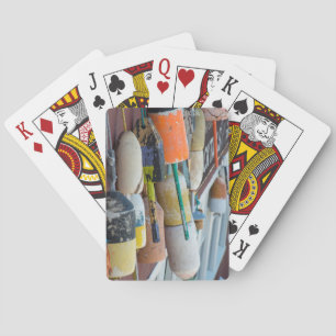 Maine, Bar Harbor. Colorful lobster trap buoys Poker Cards