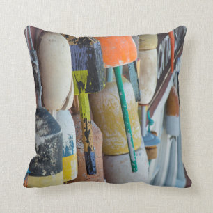 Maine, Bar Harbor. Colorful lobster trap buoys Throw Pillow