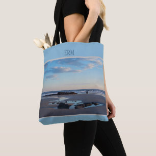 Maine Beach Low Tide Blue Monogramed Tote Bag