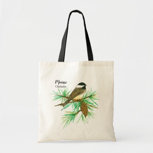 Maine Bird Chickadee White Pinecone Tassel Tote Bag