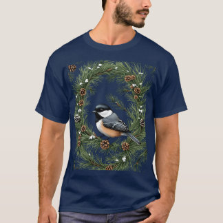 Maine Black Capped Chickadee With Pine Pattern T-Shirt
