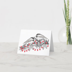 Maine Chickadee Bird Pen and Ink Christmas Holiday Card