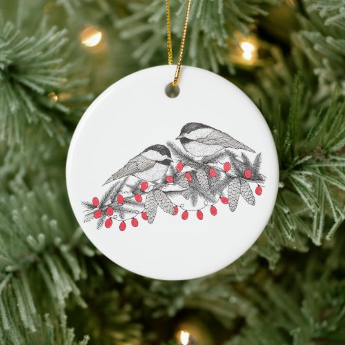 Maine Chickadee Bird Pen and Ink Christmas Holiday Ceramic Ornament