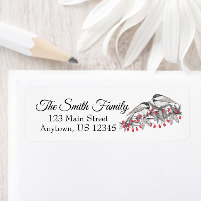 Maine Chickadee Bird Pen and Ink Christmas Holiday Label (Insitu)